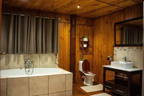 Modern rustic bathroom at Kalahari hunting lodge with wooden finishes and safari-style elegance